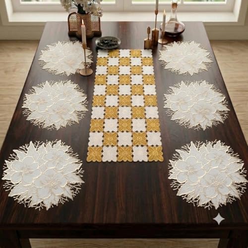 Image of Dakshya Industries Dining Table Mats Round PVC Set | 6 Waterproof Placemats (38 x 38 cm) + 1 Table Runner (91 x 33 cm) | Heat Resistant, Kitchen Decor (Arvista)