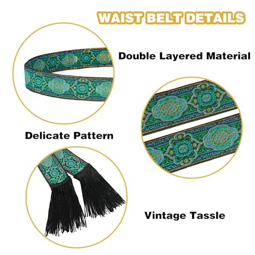 PROCOS Medieval Belt Vintage Waist Belt with Wave Trim Tassel Pirate Renaissance Double-sided Embroidery for Halloween3