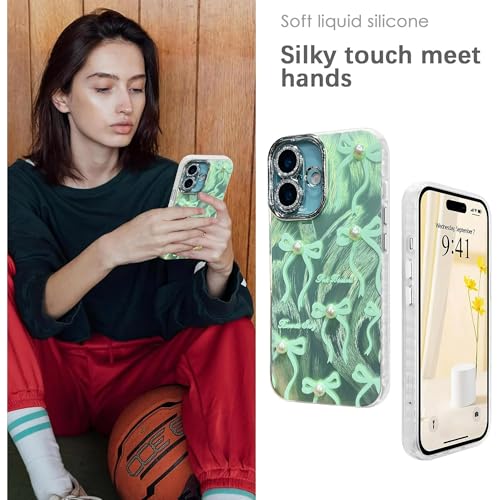 Image of VONZEE Compatible with iPhone 16 6.1'' Case Luxury Pink Girly Cute 3D Bow Pearl Glitter Bling Case with Full Camera Protection Shockproof PC+TPU Glossy Shiny Cover for Girls Women, Green