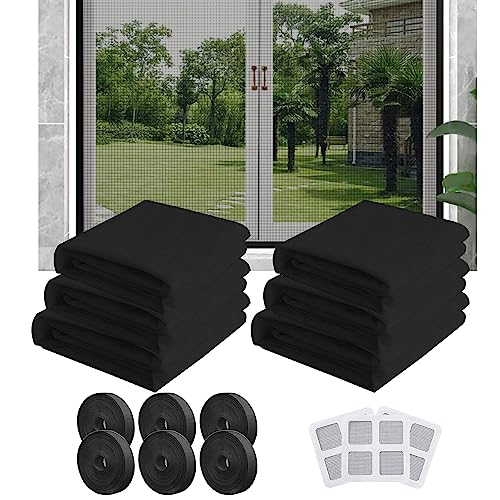 Amebleak 6 Paquetes Mosquitera para Ventanas,130 x 150 cm Mosquiteras de Ventanas con 6 Cinta Autoadhesiva y 3 Parches de Ventana,Malla Antimosquitos Adhesiva para Ventanas Corredera (Negro)