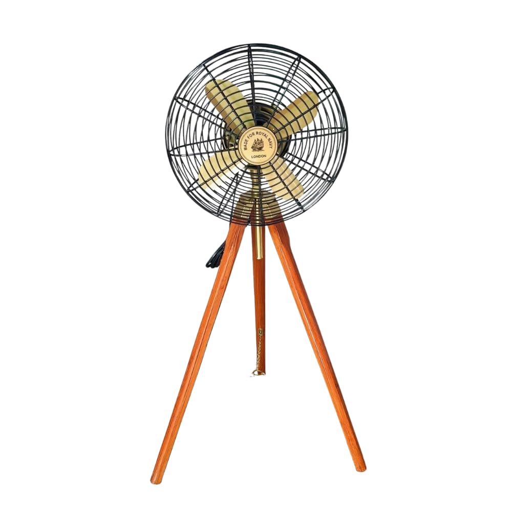 Royal Navy London Vintage Style Floor Standing Pedestal Fan, Black Metal with Wooden Tripod Base, Handmade Antique Design