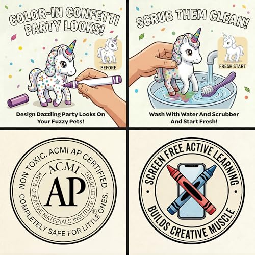 Image of Luxor Crayola Scribble Scrubbie Confetti Party, 4 Washable Pets, 6 Markers & 1 Scrub Brush, Non-Toxic, Gift for Kids