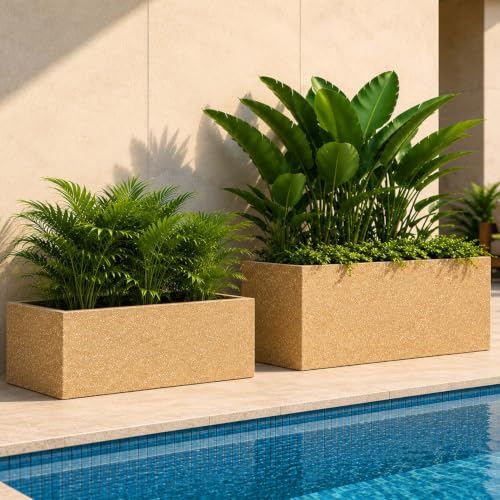 Image of Go Hooked Rectangular Planter Pot Combo Recta R (36 Inch & 24 Inch) | Large Polymer Indoor Outdoor Pots with Drainage | UV-Weather Resistant Flower Pot for Balcony Garden Home Office Decor (Sandstone)