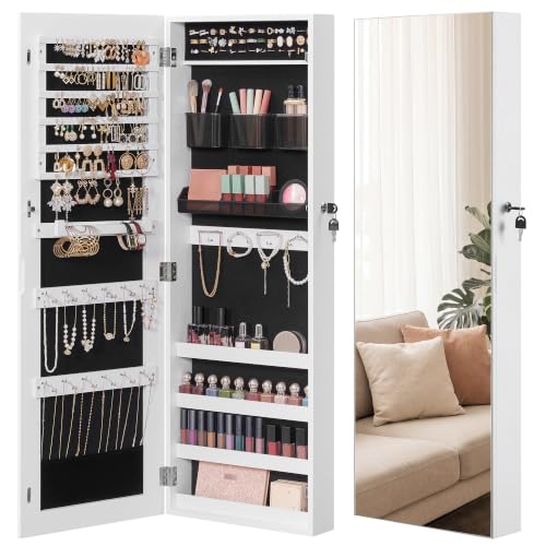 Image of SONGMICS HOME Mirror Jewelry Cabinet, Lockable Hanging Jewelry Organizer with Full-Length Mirror, Door or Wall Mounted Storage Cabinet, White