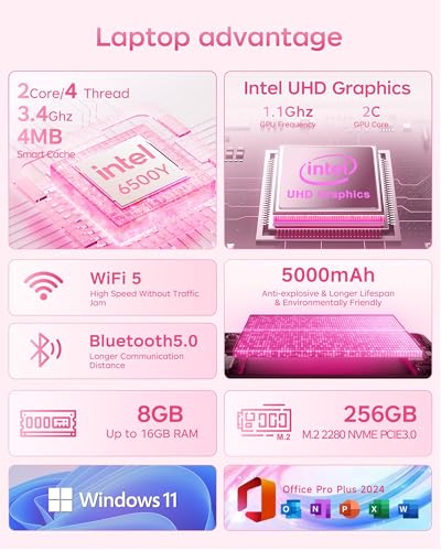 Image of 2026 Pink Laptop, Pentium Gold 6500Y Processor(Up to 3.4 GHz),8GB RAM 256GB SSD,15.6 Inch FHD IPS Display, 5000mAh Battery,Type-C (Inches, 15.6, GB, 8, GB, 256)