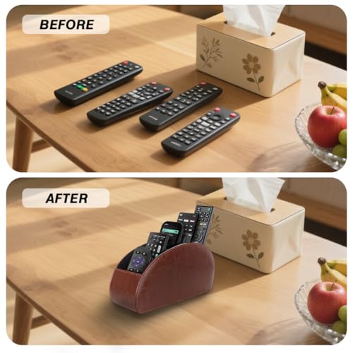 Image of HASTHIP Remotes Organizer Case Desk Holder Accessories Organizer Open 5-Compartment PU Desk Organizer for Living Room, Tea Table Multipurpose Desk Organizer Office Stationeries Holder