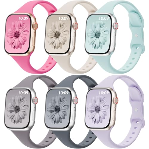 Image of 6 Pack Thin Silicone Compatible with Apple Watch Bands Women Men | Sport Strap Narrow Wristband for iWatch 38mm 40mm 41mm 42mm 44mm 45mm 46mm 49mm Series 11 10 9 8 SE 7 6 5 4 Ultra 3 2 1