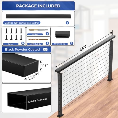 Image of Modular 1Pack 4FT Stainless Steel T304 Black Handrail for Cable Railing with Nylon End Cap Kits, 2.36 inch W x 1.18 inch H Cuttable Flat Handrail Rectangular Top Rail for Stair Railing Indoor Outdoor