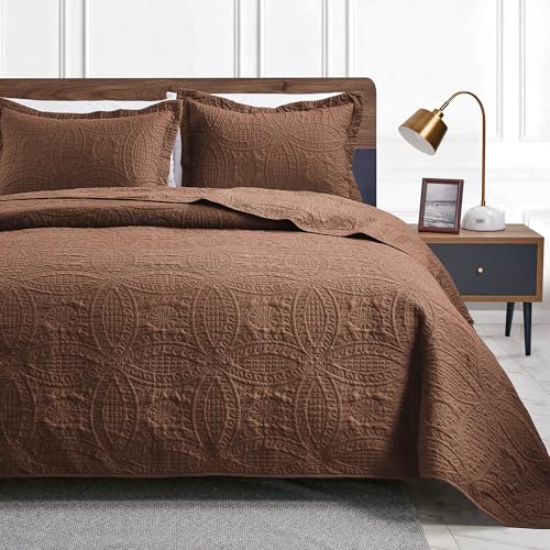 Loves cabin King Size Quilt Bedding Set Brown Bedspreads - Bed Lightweight Bedspread Comforter - Coin Pattern Bedding Coverlet for All Season - 3 Pieces (1 Quilt 2 Pillow Shams)