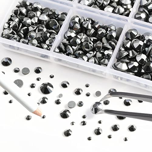 Image of 6736pcs Hotfix Rhinestones Flatback,Jet Hematite Rhinestones for Crafts Clothes Mixed 5 Sizes, Hotfix Crystals with Tweezers and Wax Pencil Kit, SS6-SS30, Jet Hematite