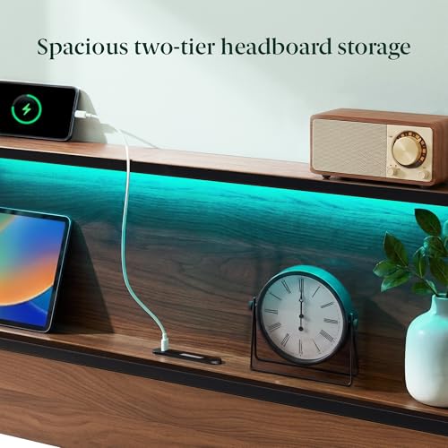 Image of Zinus Kai Platform Bed Frame, Four Underbed Storage Drawers, King | Two-Tier Headboard for Space-Saving Storage, Mood Setting RGB LED Lights, Built-in USB Charging Station, Ambient Night Light