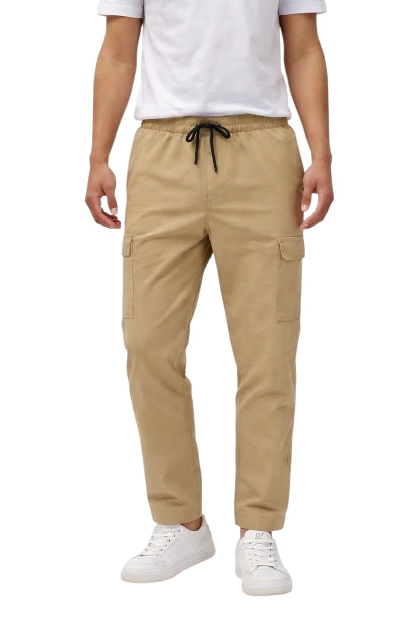 Men's Cargo Pants with Drawstring, Beige, Elastic Waist with Side Pockets-picture-37