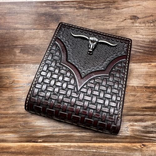 Men’s Short Leather Wallet – Hand Tooled Bifold with Raised Longhorn Concho – Compact Cowboy Wallet for Ranchers, Rodeo Fans & Western Gifts2