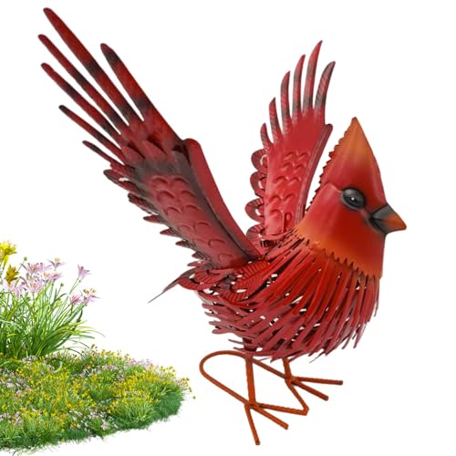 Statue d'oiseau rouge en métal artisanal chic avec piquet pour une déco jardin d'exception