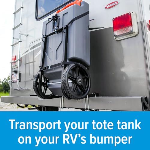 Image of Camco Rhino RV Bumper Mount Tote Tank Holder - Features a Powder-Coated Steel Construction, Heavy-Duty Straps, and Fits Both 4-inch and 4-1 /2-inch Bumpers (39010) | Powder-coated steel frame, zinc-coated hardware, 2 polyester cam straps, holds 15, 21, 28 and 36 gallon portable waste tanks