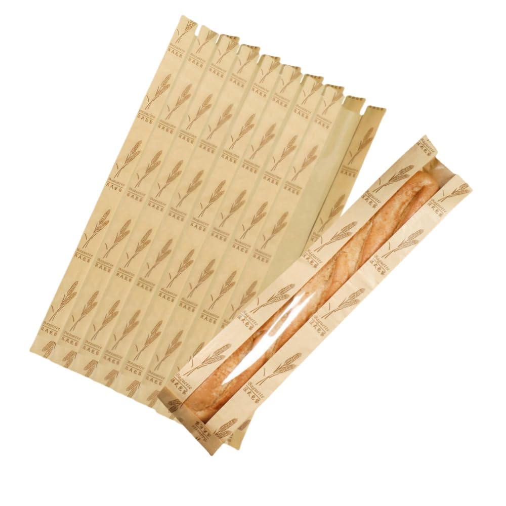 Xzjmy Trigo 50 Pack Paper Bread Bag,Baguette Kraft Bags 23"X4"X1.6" Bakery Storage Bag With Clear Front Window And 64 Pcs Clear Seal Sticker For Homemade Bread, French Bread (Trigo)