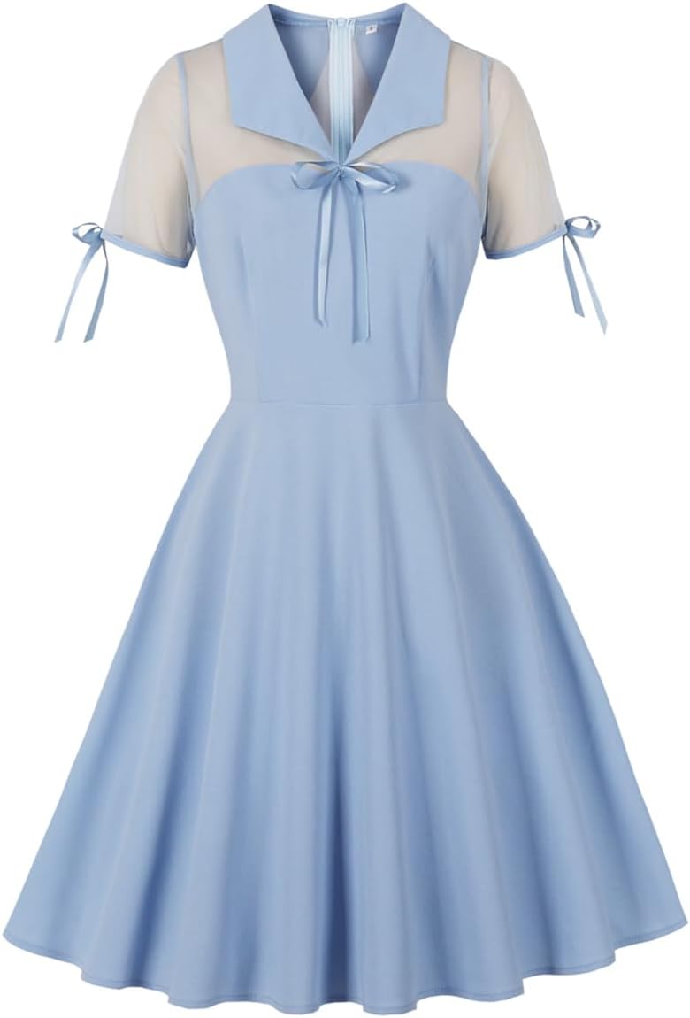 ODIZLI Women's 1950s Retro Dress Mesh Short Puff Sleeve Swing Midi Dress Cocktail 50s Style Dresses for Women