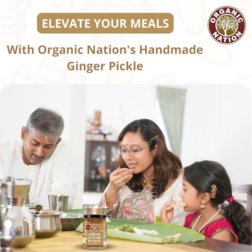 Image of ORGANIC NATION Zesty Adrak Achari Fusion Ginger Pickle - Homestyle Indian Pickle with Authentic Flavor, Perfectly Mixed for a Tangy Delight, 250g, No Preservatives Natural Golden Hue