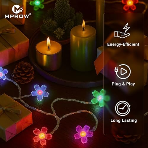Image of MPROW Multi-Color Flower LED String Lights - 20 Led Decorative Cherry Blossom Fairy Lights with Plug for Diwali, Christmas, Wedding, Home Decor - Vibrant Floral Night Lights for Bedroom, Balcony