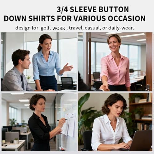 Image of Soneven Womens Golf Polo Shirts 3 /4 Long Sleeve V Neck Button Down Shirts Business Causal Work Blouses Tops