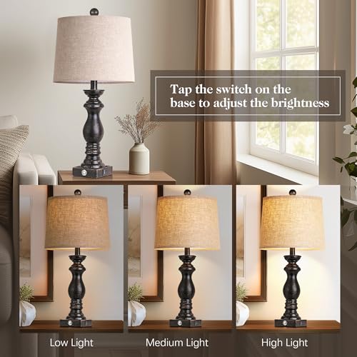Image of 24.5 inch Table Lamp Set of 2, Rustic Farmhouse Bedside Lamps with USB A+C Charging Ports, 3-Way Dimmable Touch Control Nightstand Lamps for Living Room Bedroom, Antique Black, LED Bulbs Included