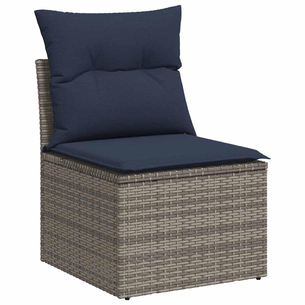 Set Divano da Giardino 6 Pezzi in Polyrattan Grigio con Tavolo | Salotto componibile da esterno per terrazzo con tavolino sollevabile e cuscini blu marino per momenti di relax in famiglia.