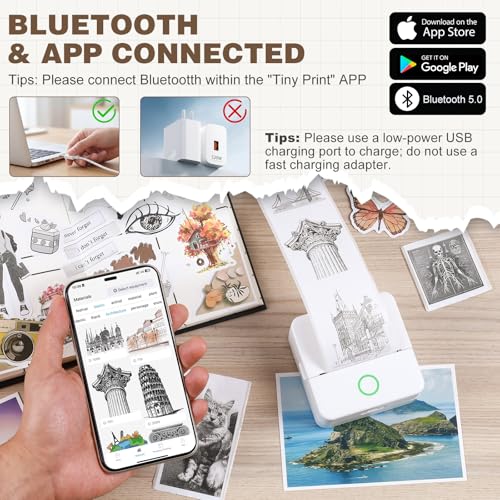 Image of cudinham Print Pods Mini Printer, Sticker Printer with 10 Rolls Thermal Printing Paper, Inkless Pocket Printpod for Phone, Impresora Portatil for Notes, DIY, Compatible with iOS & Android (White)