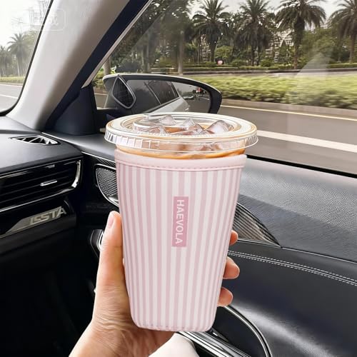 Image of Reusable Insulated Neoprene Iced Coffee Cup Sleeve, Durable Drink Sleeve for Cold Beverages, Beverage Holder for Iced Coffee, Pink Stripes