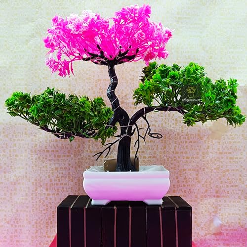 Image of Artificial LED Bonsai Tree with Lush Colorful Foliage in Elegant Plastic Pot | Artificial Plants with Pot | Fake Bonsai | Home Decor Items (Pink-Green, 24cm)