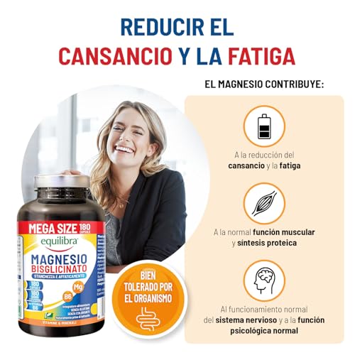 Miniatura 2 de Equilibra Magnesio Bisglicinato, 180 Cápsulas, 250mg, con Vitamina B6, Suministro para 6 meses, Vegan, para Cansancio y Fatiga, Sistema Nervioso, Función psicológica, Sin Gluten