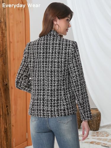 Mina Self 2026 Spring Women's Tweed Plaid Blazer Jacket - Fully Lined Open Front Stand Collar Casual Fashion Work Office Coat