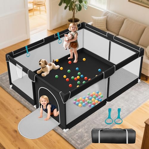 Image of Baby Playpen 79x71 Inch for Babies and Toddlers Indoor & Outdoor | Large Baby Play Yard, Safe & Sturdy, Easy-Assembly, Non-Slip, Easy to Clean, Black, Lightweight, External Zipper Door