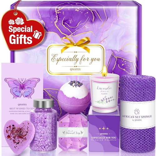 Qivatex Regalos para Mujeres, Mamá, Hija, Esposa, Novia, Ella - día de San Valentín, día de la Madre, Regalos de Cumpleaños para Mujeres Juego de Cesta de Regalo SPA con Bombas de Baño de Lavanda