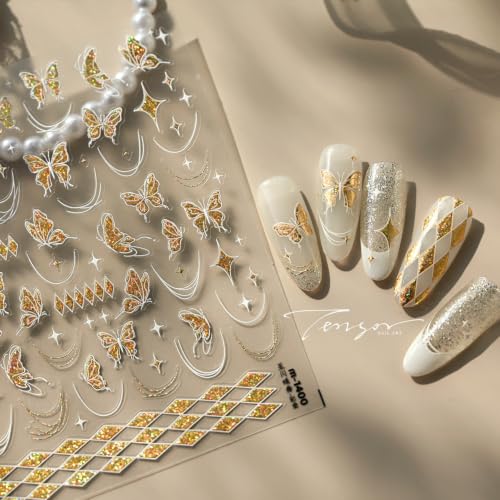 Image of Gold Butterfly Nail Stickers for Nail Art Glitter Nail Decals Shiny 5D Embossed Self Adhesive Nails Art Stickers for Women Manicure Decoration Accessories Supply