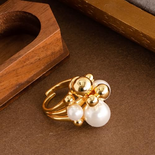 Kokoma Delicate Pearl Cluster Ring for Women Open Adjustable Statement Finger Ring Multi Bead Fashion Band Elegant Stackable Party Wedding Jewelry3