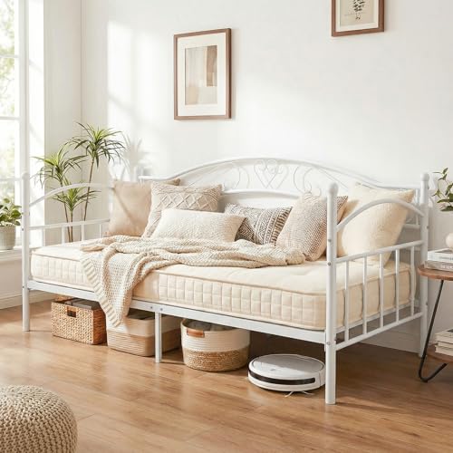 COSTWAY Metal Day Bed Frame 3FT Single Sofa Bed Base Guest Platform Daybed with Headboard Metal Slats Support Mattress Foundation for Living Room Bedroom No Box Spring Needed 197 x 97cm (White)