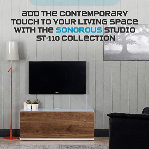 Image of SONOROUS ST-110 Premium TV Stand with White Glass & Walnut Wood Cover - Modern Entertainment Center & Media Console for Living Room - TV Cabinet up to 65 Inch with Hidden Wheels - Sleek Storage Design