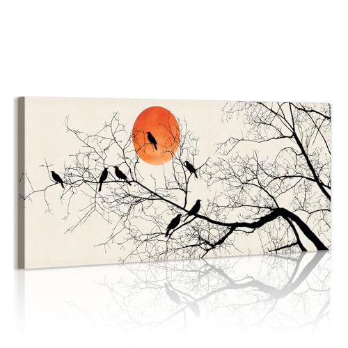 WENGTIAO Abstracto Árbol Marchito y Luna llena Cuadros Decoracion Enmarcado Grande, Pájaros Posados en una Rama Laminas Sobre Lienzos Cuadros Decoracion Salon Dormitorios Pared 120x50 cm