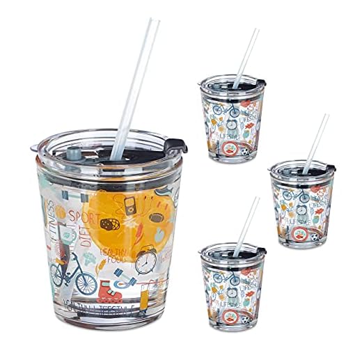 Relaxdays Vasos con Tapa y Pajita, Set de 4, Deportivo, 350 ml, Transparente, de Cristal, para Batidos, para Smoothies