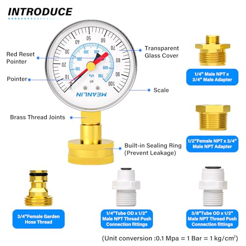 Image of MEANLIN MEASURE 0~100Psi 3 /4 inch Female Water Pressure Kit Plus 5 adapters, 2.5 inch FACE DIAL Multi-Purpose Pressure Gauge kit with Red Indicator Hands, Hydraulic Tester Suitable for Gardens, Water Pipes
