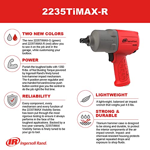 image for Ingersoll Rand 2235TiMAX-R 1/2” Drive Air Impact Wrench, Red & 119MA