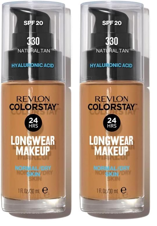 REVLON – ColorStay Makeup, Base de Maquillaje SPF 20 con Ácido Hialurónico, Sin Aceites, 24 h de Duración, Acabado Natural, Resistente al Agua, para Piel Normal y Seca, Tono 330, Natural Tan – 30 ml