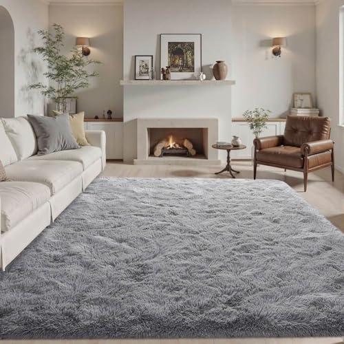 6x9 ft Light Grey Shag Rug for Living Room & Bedroom