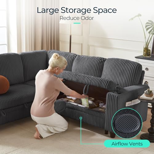 Image of LINSY HOME Sectional Sleeper Sofa Pull Out Couches for Living Room (Grey, Sleeper Sofa 4) | Pull Out Sofa Bed, Storage, USB Charging, Cup Holders, Plush Corduroy