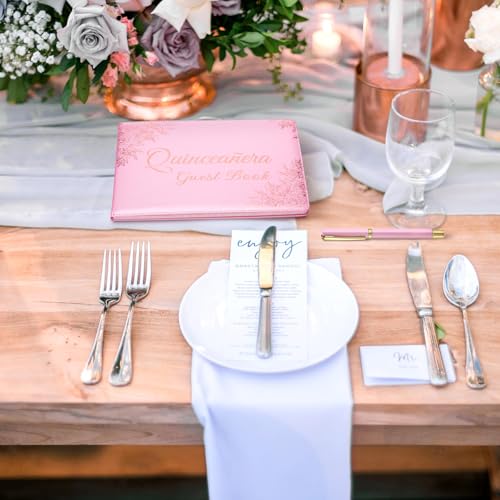 Image of MotiMind Quinceanera Guest Book with Pen 11 x 8 Inch Libro De Firmas Para 15 Anos Quinceanera Leather Hardcover Signature Book Guest Sign in for 15th Party Favors Decoration(Pink Gold,Floral)
