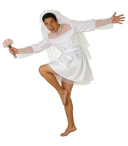 HDAKDDHG Déguisement de mariée pour homme, robe de mariée en dentelle blanche avec gants de voile pour enterrement de vie de garçon, Halloween, cimetière, cosplay, taille unique, adulte
