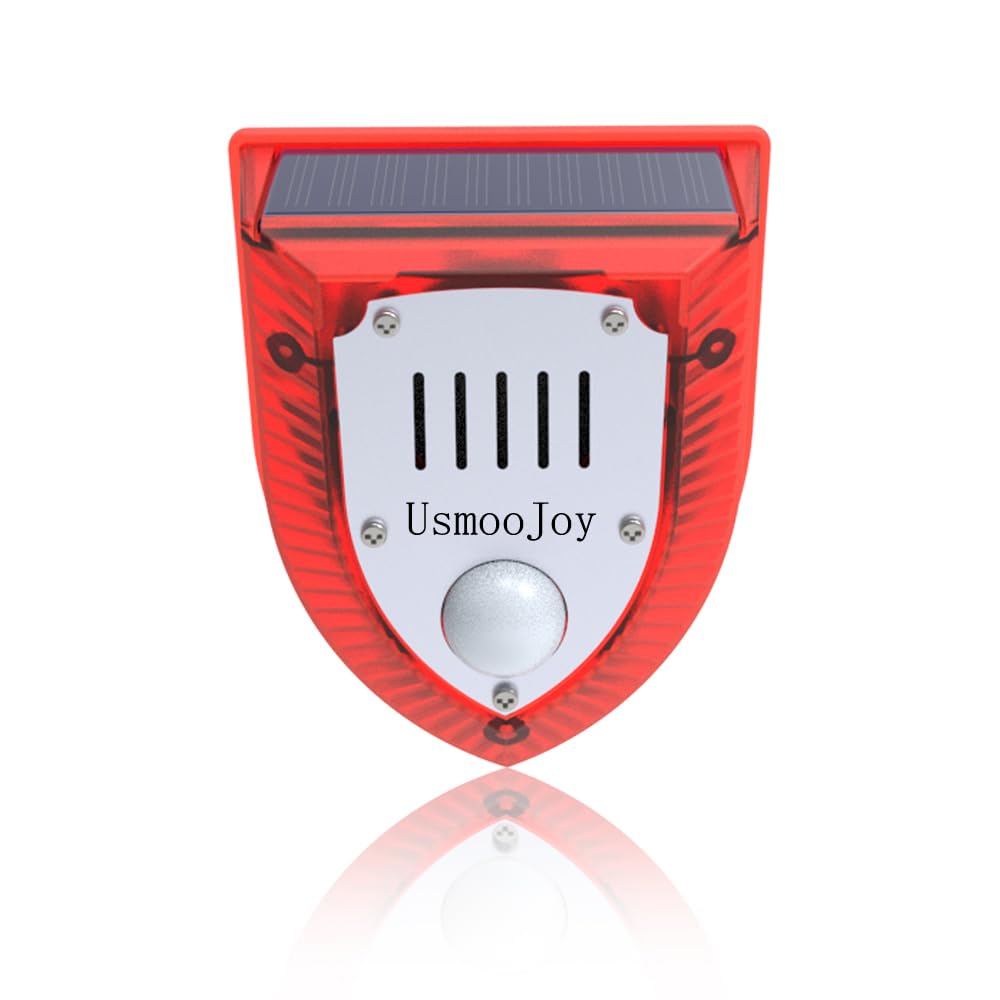 Usmoojoy Red Solar Security Alarm Lights, 129Db Gunshot Sounds & Dog Barking Sound & Light Strobe Light Warning Lamp For Outdoor Farm Barn