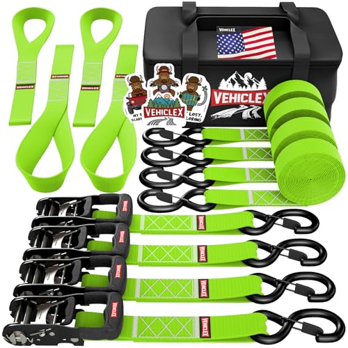 Image of Vehiclex 1.5 inch x 8' Motorcycle Ratchet Tie Down Straps, 4 Pack, Green | 4,400 lbs Break Strength, Full Bend S Hooks with Safety Clips, Soft Loops, for Powersports