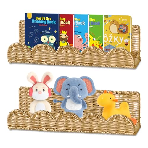 sinzau Lot de 2 petites étagères murales en rotin - Style bohème - En métal - 40 cm de large - Facile à percer - Pour chambre d'enfant, chambre à...