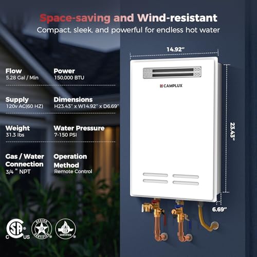 CAMPLUX 150,000 BTU Tankless Water Heater Propane Outdoor, Up to 6.4 GPM